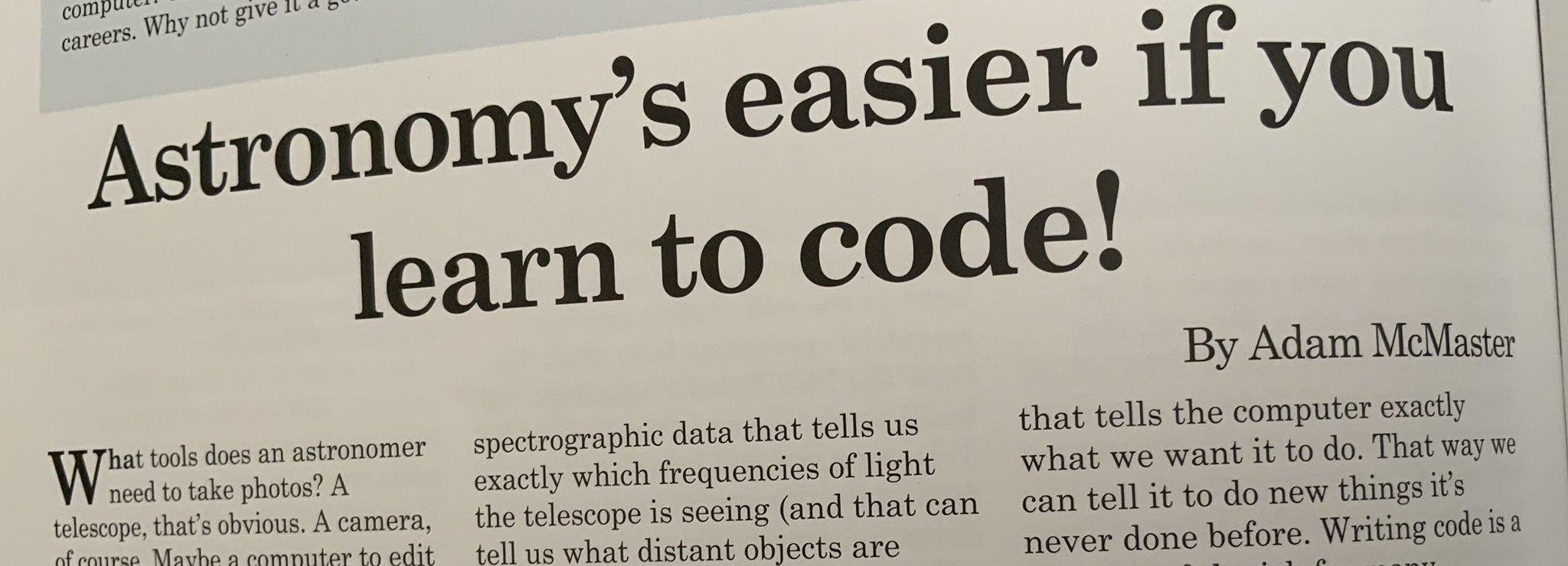 A photograph of the article headline: Astronomy's easier if you learn to code!